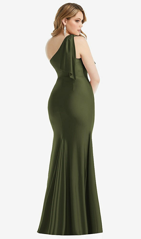 Back View - Olive Green Cascading Bow One-Shoulder Stretch Satin Mermaid Dress with Slight Train