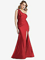 Front View Thumbnail - Poppy Red Cascading Bow One-Shoulder Stretch Satin Mermaid Dress with Slight Train