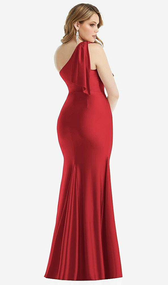 Back View - Poppy Red Cascading Bow One-Shoulder Stretch Satin Mermaid Dress with Slight Train