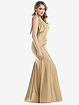Side View Thumbnail - Soft Gold Cascading Bow One-Shoulder Stretch Satin Mermaid Dress with Slight Train