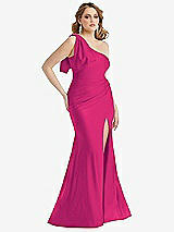 Alt View 1 Thumbnail - Think Pink Cascading Bow One-Shoulder Stretch Satin Mermaid Dress with Slight Train