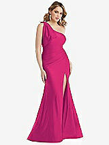 Front View Thumbnail - Think Pink Cascading Bow One-Shoulder Stretch Satin Mermaid Dress with Slight Train