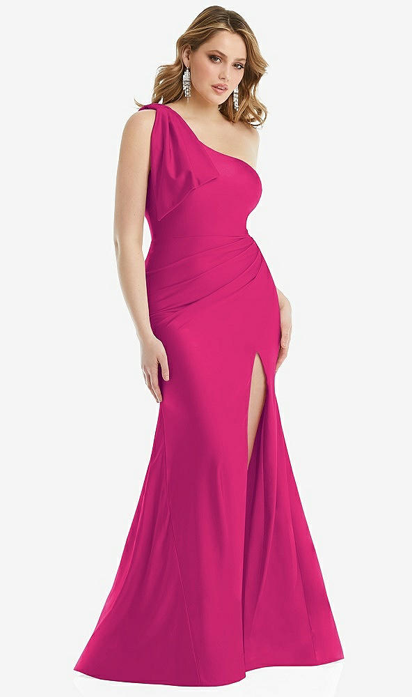 Front View - Think Pink Cascading Bow One-Shoulder Stretch Satin Mermaid Dress with Slight Train