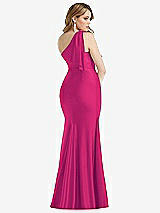 Rear View Thumbnail - Think Pink Cascading Bow One-Shoulder Stretch Satin Mermaid Dress with Slight Train