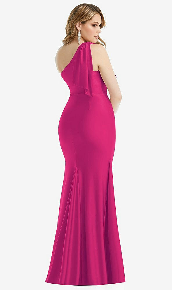 Back View - Think Pink Cascading Bow One-Shoulder Stretch Satin Mermaid Dress with Slight Train
