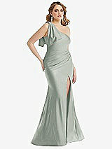 Alt View 1 Thumbnail - Willow Green Cascading Bow One-Shoulder Stretch Satin Mermaid Dress with Slight Train