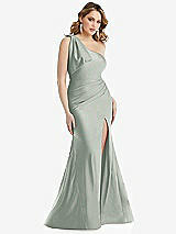 Front View Thumbnail - Willow Green Cascading Bow One-Shoulder Stretch Satin Mermaid Dress with Slight Train