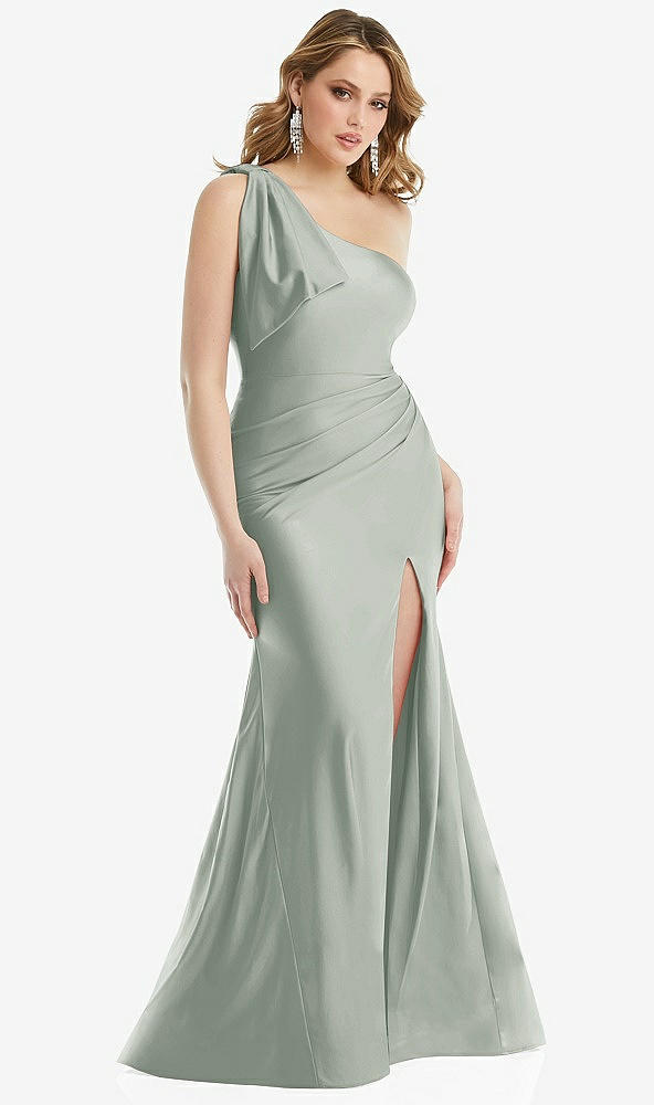 Front View - Willow Green Cascading Bow One-Shoulder Stretch Satin Mermaid Dress with Slight Train