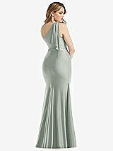 Rear View Thumbnail - Willow Green Cascading Bow One-Shoulder Stretch Satin Mermaid Dress with Slight Train