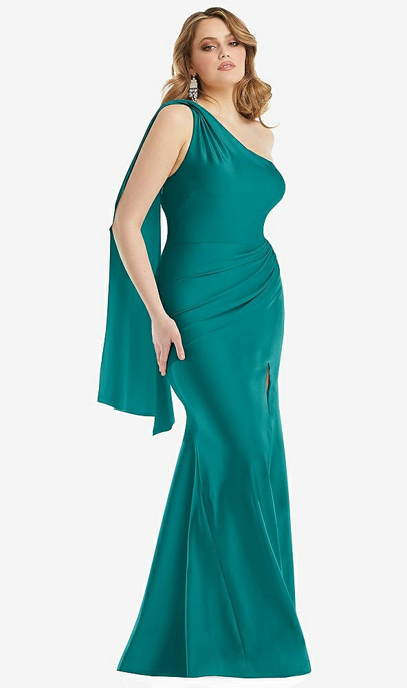 Front View - Peacock Teal Scarf Neck One-Shoulder Stretch Satin Mermaid Dress with Slight Train