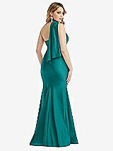 Rear View Thumbnail - Peacock Teal Scarf Neck One-Shoulder Stretch Satin Mermaid Dress with Slight Train