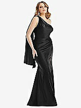 Front View Thumbnail - Black Scarf Neck One-Shoulder Stretch Satin Mermaid Dress with Slight Train
