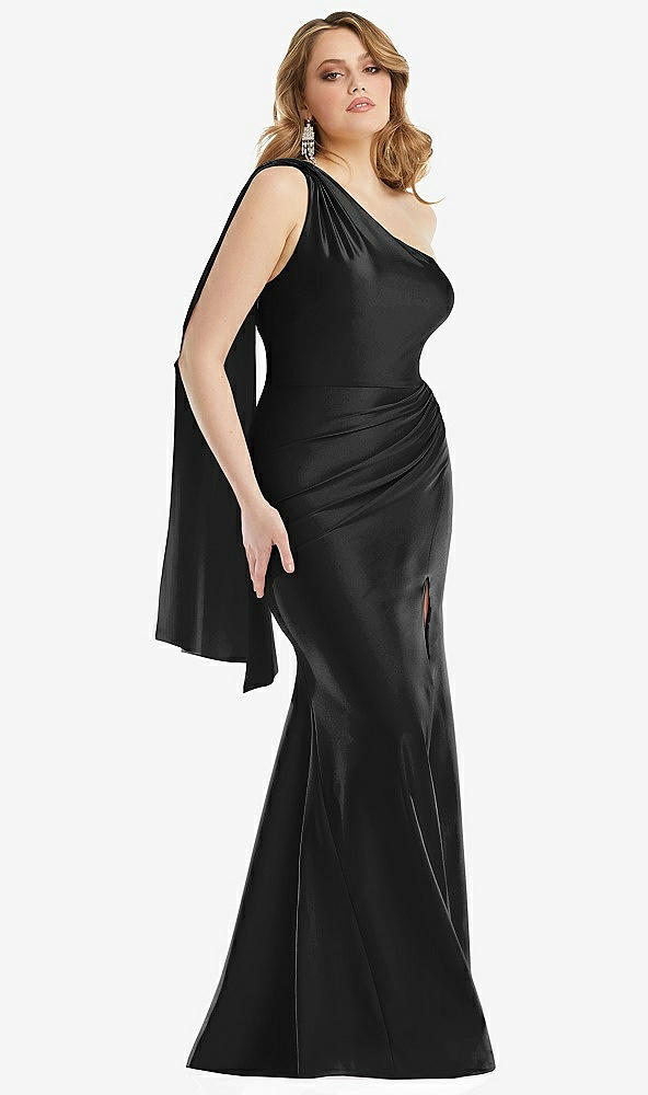 Front View - Black Scarf Neck One-Shoulder Stretch Satin Mermaid Dress with Slight Train