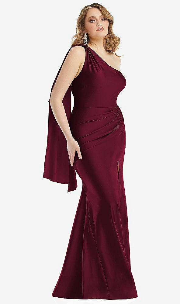 Front View - Cabernet Scarf Neck One-Shoulder Stretch Satin Mermaid Dress with Slight Train