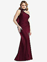Side View Thumbnail - Cabernet Scarf Neck One-Shoulder Stretch Satin Mermaid Dress with Slight Train