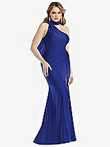 Side View Thumbnail - Cobalt Blue Scarf Neck One-Shoulder Stretch Satin Mermaid Dress with Slight Train