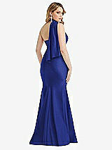 Rear View Thumbnail - Cobalt Blue Scarf Neck One-Shoulder Stretch Satin Mermaid Dress with Slight Train