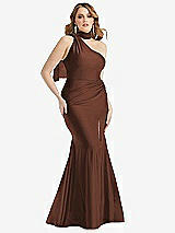 Alt View 1 Thumbnail - Cognac Scarf Neck One-Shoulder Stretch Satin Mermaid Dress with Slight Train