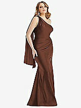 Front View Thumbnail - Cognac Scarf Neck One-Shoulder Stretch Satin Mermaid Dress with Slight Train