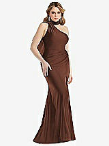 Side View Thumbnail - Cognac Scarf Neck One-Shoulder Stretch Satin Mermaid Dress with Slight Train