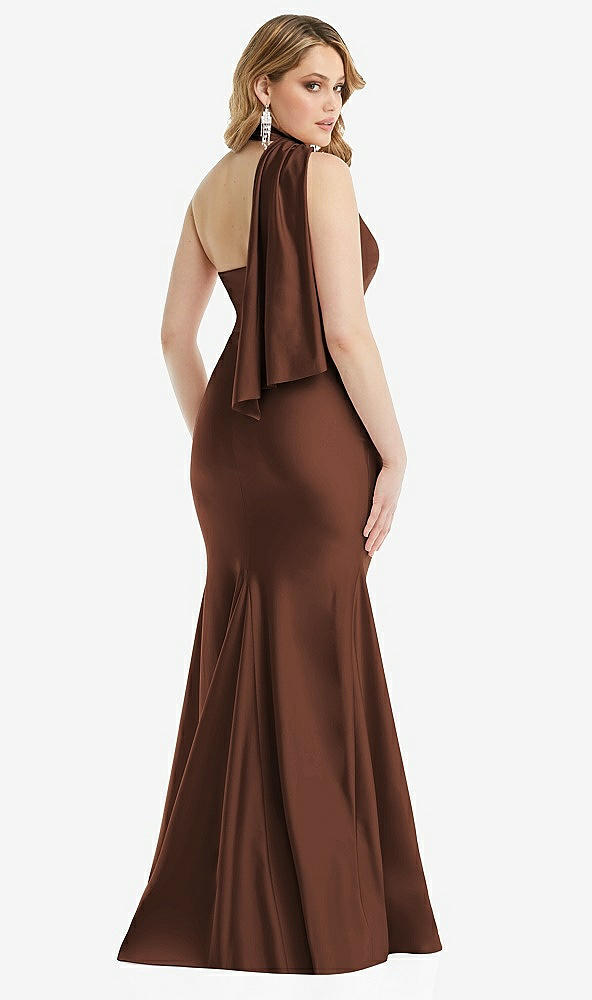 Back View - Cognac Scarf Neck One-Shoulder Stretch Satin Mermaid Dress with Slight Train