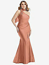 Alt View 1 Thumbnail - Copper Penny Scarf Neck One-Shoulder Stretch Satin Mermaid Dress with Slight Train