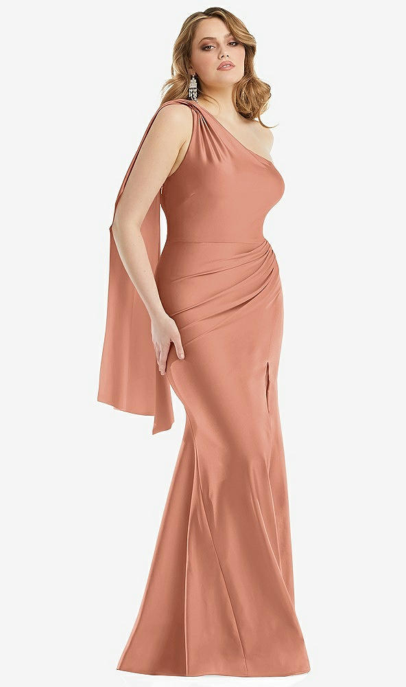 Front View - Copper Penny Scarf Neck One-Shoulder Stretch Satin Mermaid Dress with Slight Train