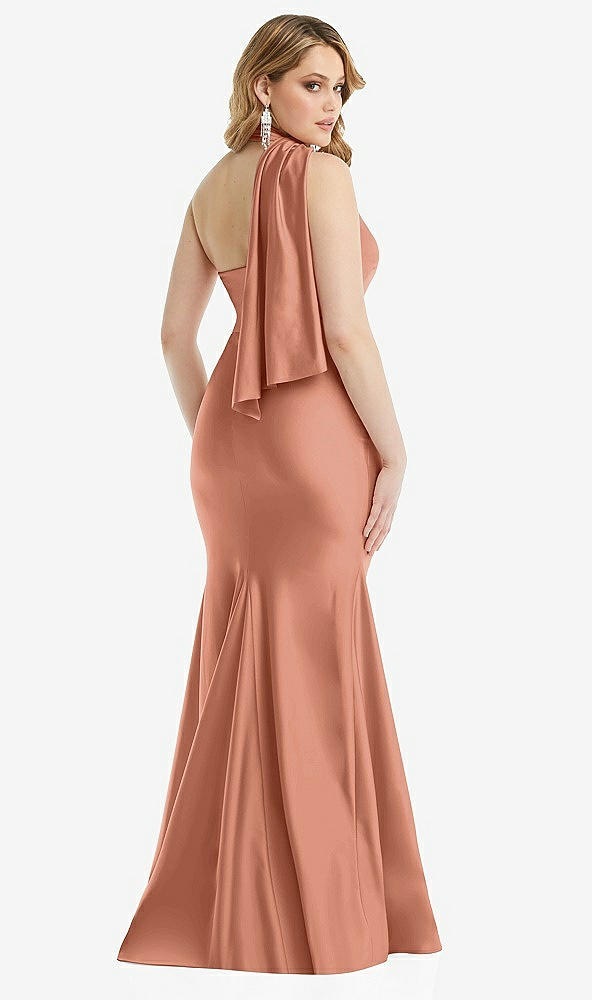 Back View - Copper Penny Scarf Neck One-Shoulder Stretch Satin Mermaid Dress with Slight Train