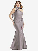 Alt View 1 Thumbnail - Cashmere Gray Scarf Neck One-Shoulder Stretch Satin Mermaid Dress with Slight Train