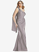 Front View Thumbnail - Cashmere Gray Scarf Neck One-Shoulder Stretch Satin Mermaid Dress with Slight Train