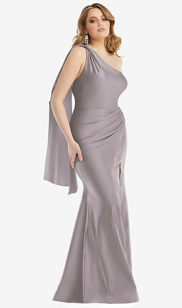 Front View - Cashmere Gray Scarf Neck One-Shoulder Stretch Satin Mermaid Dress with Slight Train