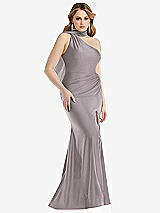 Side View Thumbnail - Cashmere Gray Scarf Neck One-Shoulder Stretch Satin Mermaid Dress with Slight Train
