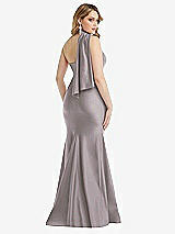 Rear View Thumbnail - Cashmere Gray Scarf Neck One-Shoulder Stretch Satin Mermaid Dress with Slight Train