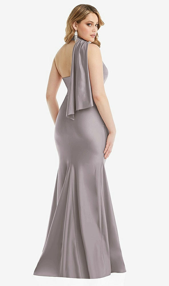 Back View - Cashmere Gray Scarf Neck One-Shoulder Stretch Satin Mermaid Dress with Slight Train