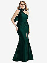 Alt View 1 Thumbnail - Evergreen Scarf Neck One-Shoulder Stretch Satin Mermaid Dress with Slight Train