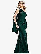 Front View Thumbnail - Evergreen Scarf Neck One-Shoulder Stretch Satin Mermaid Dress with Slight Train