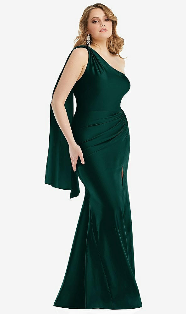 Front View - Evergreen Scarf Neck One-Shoulder Stretch Satin Mermaid Dress with Slight Train