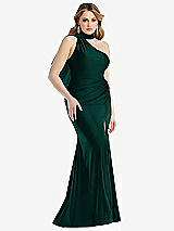 Side View Thumbnail - Evergreen Scarf Neck One-Shoulder Stretch Satin Mermaid Dress with Slight Train