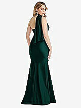 Rear View Thumbnail - Evergreen Scarf Neck One-Shoulder Stretch Satin Mermaid Dress with Slight Train