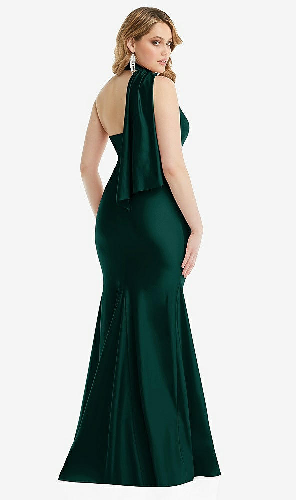 Back View - Evergreen Scarf Neck One-Shoulder Stretch Satin Mermaid Dress with Slight Train