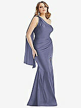 Front View Thumbnail - French Blue Scarf Neck One-Shoulder Stretch Satin Mermaid Dress with Slight Train