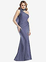 Side View Thumbnail - French Blue Scarf Neck One-Shoulder Stretch Satin Mermaid Dress with Slight Train