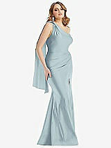 Front View Thumbnail - Mist Scarf Neck One-Shoulder Stretch Satin Mermaid Dress with Slight Train
