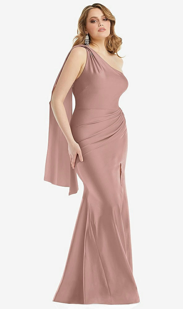 Front View - Neu Nude Scarf Neck One-Shoulder Stretch Satin Mermaid Dress with Slight Train