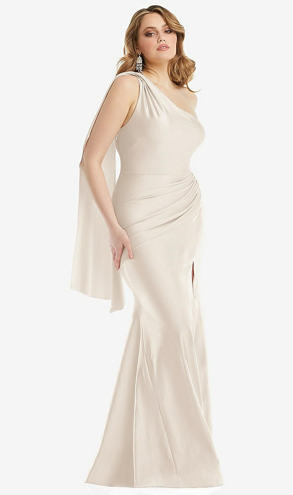 Front View - Oat Scarf Neck One-Shoulder Stretch Satin Mermaid Dress with Slight Train