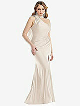 Side View Thumbnail - Oat Scarf Neck One-Shoulder Stretch Satin Mermaid Dress with Slight Train