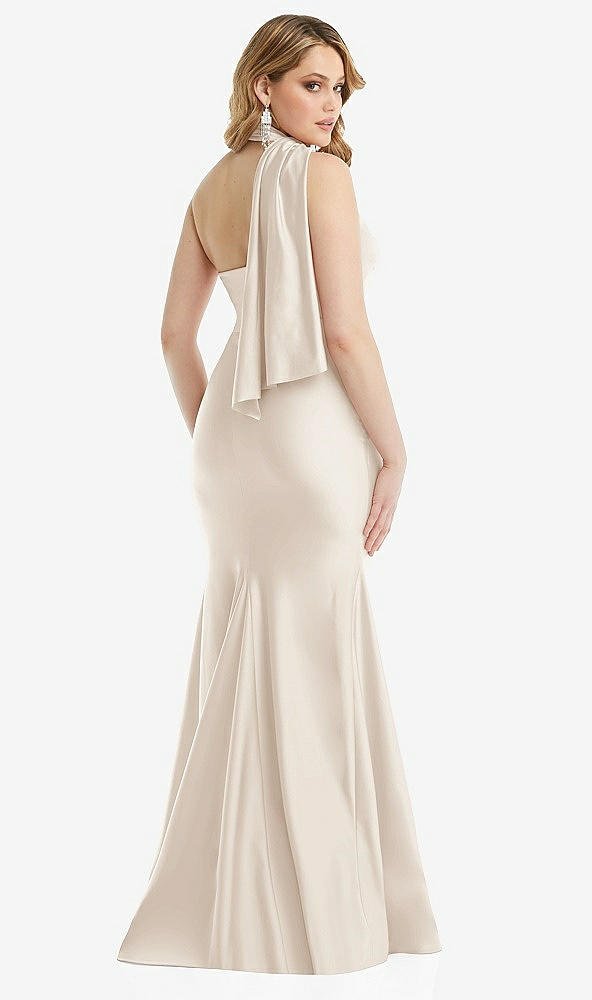 Back View - Oat Scarf Neck One-Shoulder Stretch Satin Mermaid Dress with Slight Train