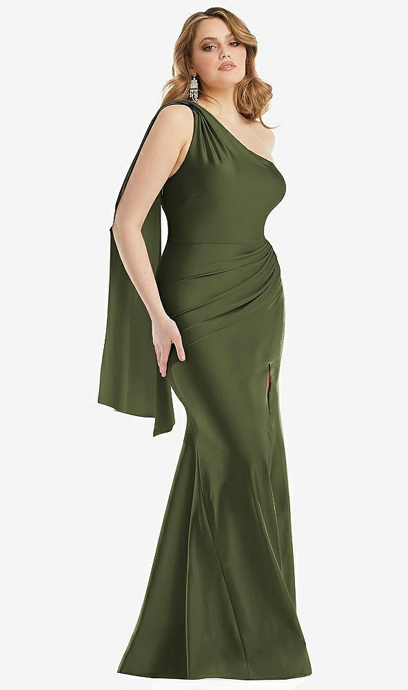 Front View - Olive Green Scarf Neck One-Shoulder Stretch Satin Mermaid Dress with Slight Train