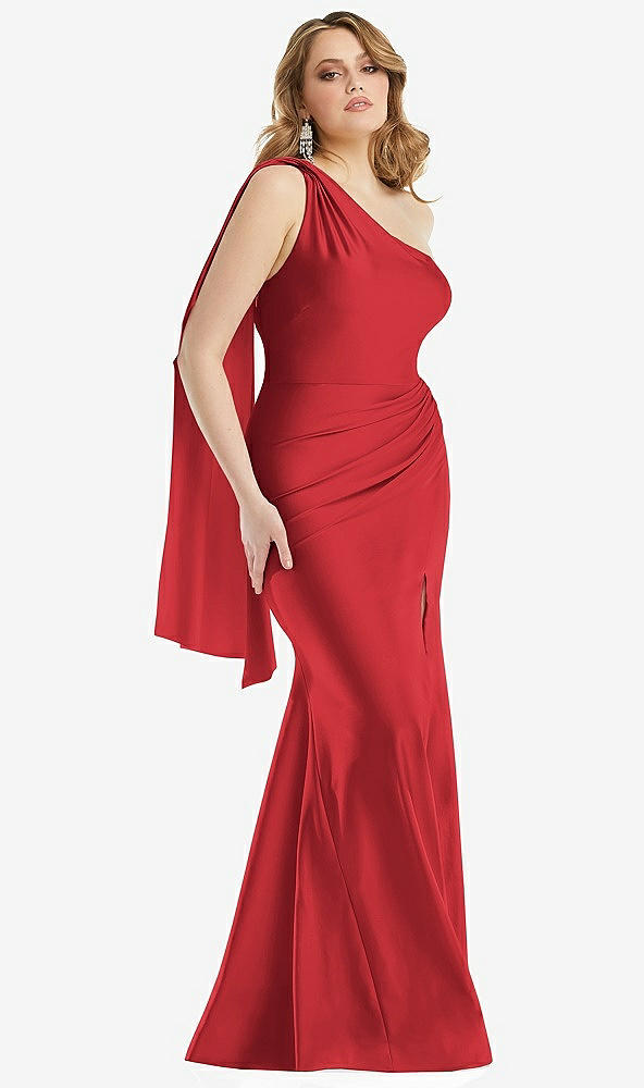 Front View - Poppy Red Scarf Neck One-Shoulder Stretch Satin Mermaid Dress with Slight Train