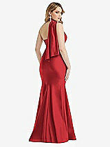 Rear View Thumbnail - Poppy Red Scarf Neck One-Shoulder Stretch Satin Mermaid Dress with Slight Train